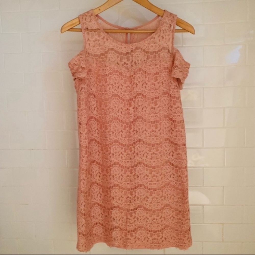 Monteau Los Angeles Dusty Rose Floral Lace Cold Shoulder Dress Women Size Large